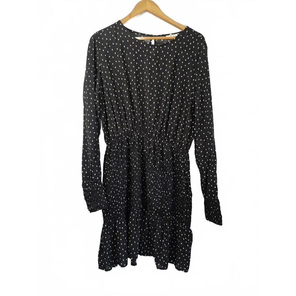 Topshop Ladies Black White Polka Dot Mini Dress Long Sleeve Smocked Shirred Hip